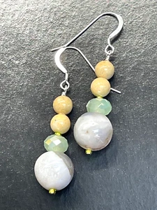 S.Silver/Tree Agate/Lt. Brown Riverstone/Czech Glass Earrings **1 1/2” Dangle** - Picture 1 of 5