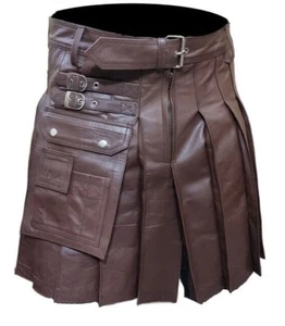 Mens Scottish Kilt Real Leather Brown Gladiator Utility Flat Front Pleated LARP - Picture 1 of 6