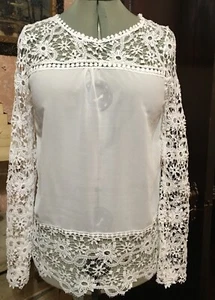 Women 10 to 12 Pearly White Sheer Crochet Lacy Long Bell Sleeve Pullover Top - Picture 1 of 7