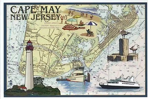 Cape May New Jersey Nautical Chart, Lighthouse Boat Ferry -- Modern Map Postcard - Picture 1 of 2