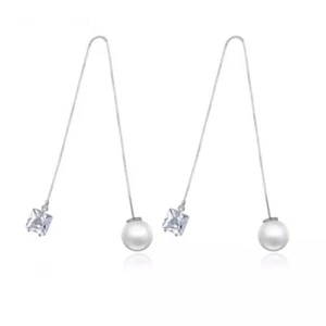 ZARD Pearl and Cubic Zirconia Chain Drop Threader Earrings in Sterling Silver - Picture 1 of 4