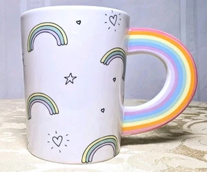 Rainbow Mug 12 Oz 3D Handle Hearts Stars Colorful Ceramic Coffee Cup - Picture 1 of 7