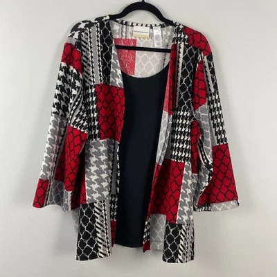 Cárdigan Suéter Alfred Dunner Patchwork Dos Por Uno Talla 2X Rojo Negro Blanco Foto 1 de 4