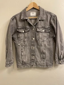 Zara Kids Black Denim Jacket Size 11/12 Distressed Look Cotton Button Closure - Picture 1 of 14
