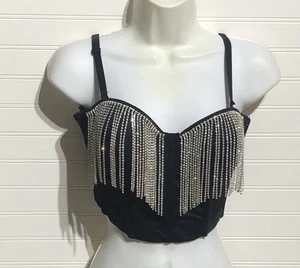 Windsor Black Padded Rhinestone Fringe Adjustable Strap Bustier Bra Women's S - Picture 1 of 11