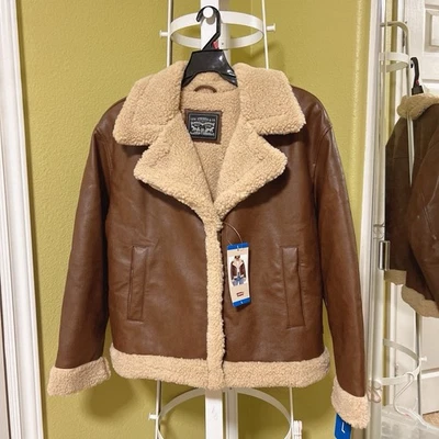 Jaqueta de motocicleta Levi's tamanho L marrom couro sintético forrado com zíper completo - Imagem 1 de 4