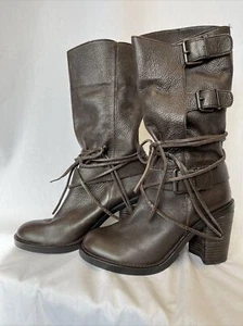 Vince Camuto Womens Brown Leather Biker Boots String 3 Buckle Adjustable Sz 10 - Picture 1 of 11