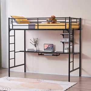 Heavy-duty Twin Metal Loft Bed Frame with Desk and 2 Shelf 2 Ladders for Teens - Picture 1 of 12