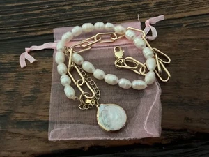 Natural River Pearls, Rhodium Plated Chain Handmade Necklace With Pendant - Picture 1 of 11