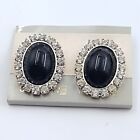 Vintage 80s Earrings Large Clip On  Signed QV New Old Stock In Card Black Glass