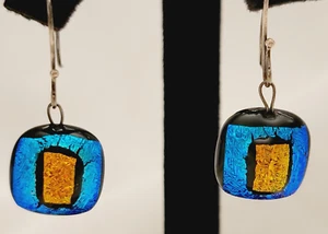 Dainty Dichroic Glass Blue Orange Square 925 Sterling Silver Hooks Earrings 15mm - Picture 1 of 10