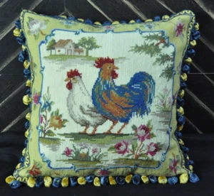 Needlepoint Throw Pillow Cover French Country Rooster & Cottage Cushion 16x16 - Picture 1 of 13