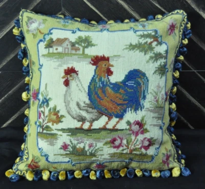 Needlepoint Throw Pillow Cover French Country Rooster & Cottage Cushion 16x16 - Image 1 of 4