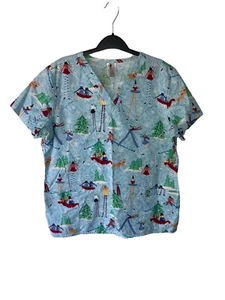 Christmas Holiday Winter Scrub Top Shirt Light Blue White Womens Large V Neck - Picture 1 of 5