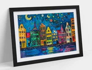 STARRY NIGHT IN COPENHAGEN CITY -FRAMED WALL ART POSTER PAPER PRINT - Picture 1 of 10