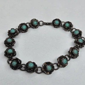Vintage Native American Sterling Silver Turquoise Bracelet 6.5" 925 Flowers - Picture 1 of 22