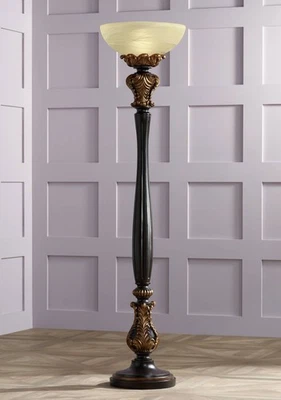 Rita Rustic Vintage Torchiere Floor Lamp 75" Tall Wood Acanthus Leaf Living Room - Image 1 of 4
