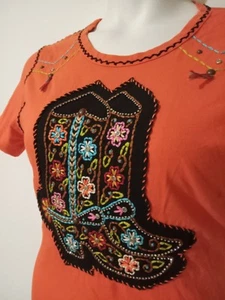 T-shirt donna Sassy Sista arancione medio ricamato bling boot cowgirl western - Foto 1 di 9