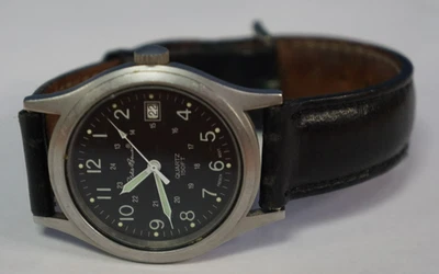 Reloj Eddie Bauer V214 esfera negra 34 mm correa de cuero negro campo "necesita batería" Foto 1 de 4