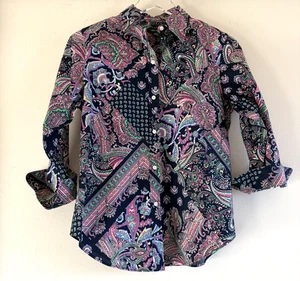 Lauren Ralph Women's Sz Small Paisley Button-Up Blouse Turn Back Cuff No-Iron - Picture 1 of 9