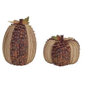 Melrose 2 Burlap and Pine Cone Pumpkin Table Top Decors 10" - Picture 1 of 3