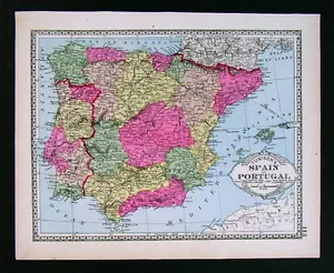 1885 Tunison Map - Spain & Portugal - Lisbon Madrid Barcelona Gibraltar Majorica - Picture 1 of 1