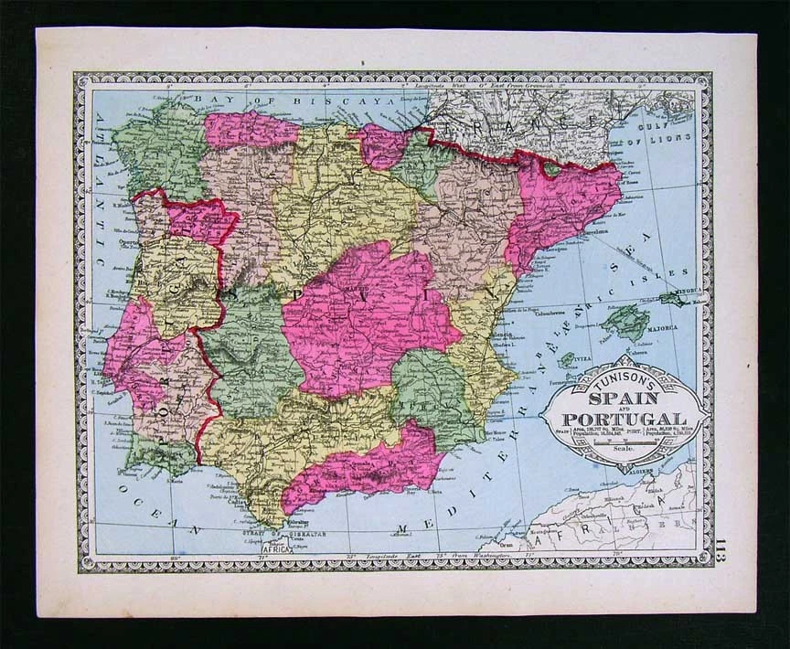 1885 Tunison Map - Spain & Portugal - Lisbon Madrid Barcelona Gibraltar Majorica - Image 1 of 1