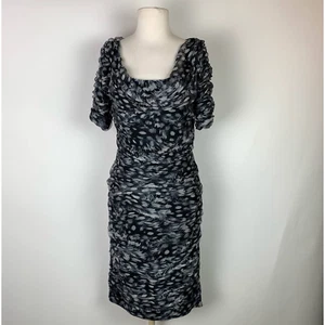 TADASHI SHOJI Draped Silk Sheath Dress Watercolor Black Gray White Scoop Neck 8 - Picture 1 of 10