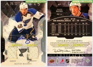 UD ARTIFACTS 2011 DAVID BACKES NHL BLUES SCARCE DUAL GAME JERSEY AUTOGRAPH /10