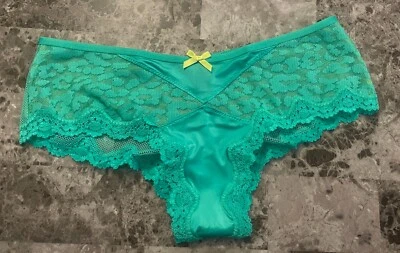 VICTORIA'S SECRET M SATIN SMOOTH GREEN LEOPARD LACE MESH RARE CHEEKY PANTIES - Image 1 of 4