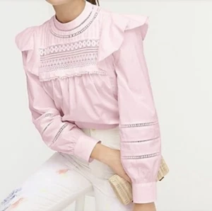 J. Crew Prairie Blouse Womens M Pink Crocheted Lace Ruffle Top Cottage High Neck - Picture 1 of 9