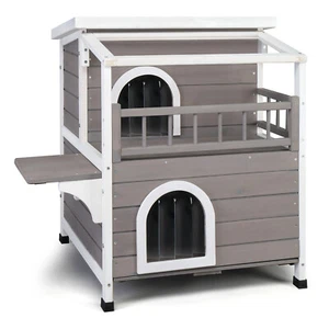 2-Tier Wooden Cat House Outdoor Kitty Shelter w/ Escape Door Rainproof Gray - Picture 1 of 8