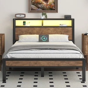 LED Light Bed Frame with 2-Tier Storage Headboard and Charging Station/Grey - Picture 1 of 22