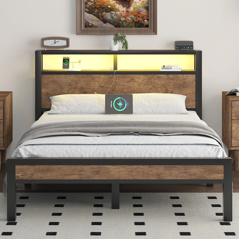 LED Light Bed Frame with 2-Tier Storage Headboard and Charging Station/Grey - Image 1 of 4