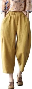 Women's Summer Elastic High Waist Linen Blend Loose Fit Harem Cropped Pants - Picture 1 of 30