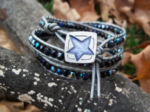 Beaded Leather Triple Wrap Bracelet- Czech Glass, Pewter Star Button 6.5-7" - Picture 1 of 5