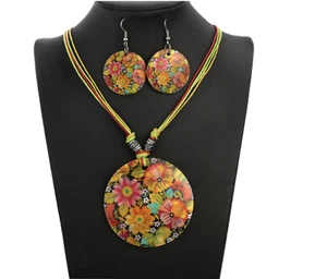Conjunto de collar pendientes negros multi flores africanas joyería concha bio mujer Reino Unido - Imagen 1 de 6