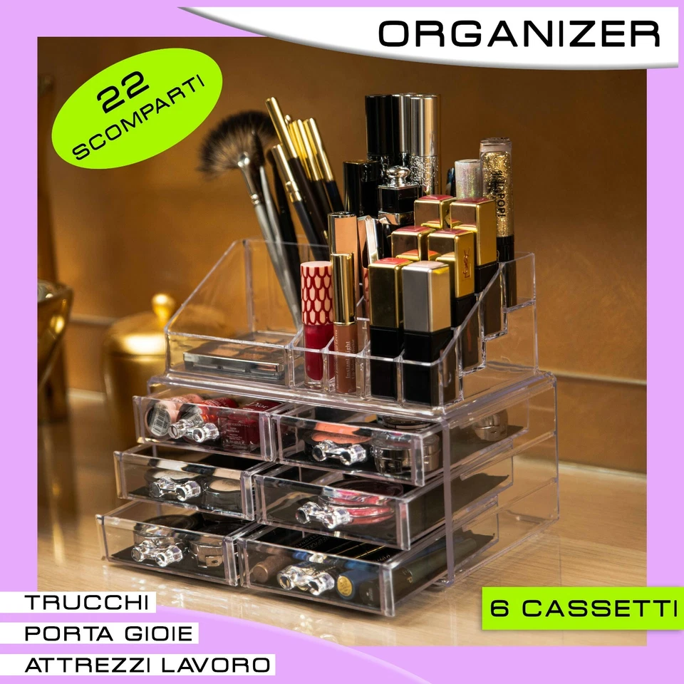 Organizer per Make Up, Box Porta Trucchi, Porta Gioie 22 Scomparti (6 cassetti) - Immagine 1 di 4