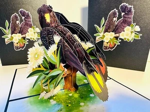 Origami Pop Cards DOUBLE Red & Yellow-Tailed Black Cockatoos Anniversary - Picture 1 of 10