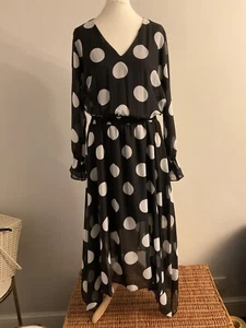 ROMAN ORIGINALS Black White Dress Polka Dot Chiffon hanky hem size 14 RRP £60 - Picture 1 of 5