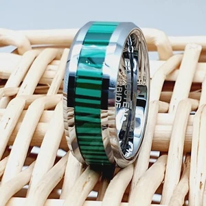 Malachite Inlay Ring Silver Tungsten Engagement Rings Unique Men’s Wedding Band - Picture 1 of 7