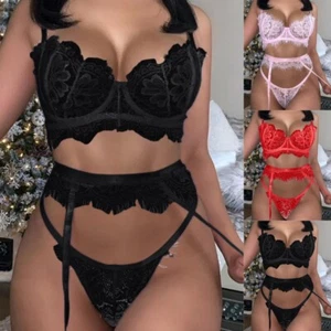 Sexy Ladies ❤️ Women Lace Bra G-String Garter Belt Lingerie Underwear Lingerie - Picture 1 of 12