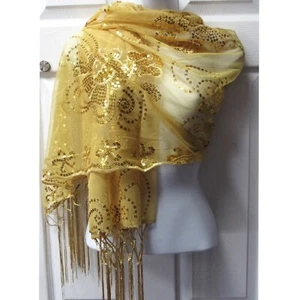Gold Sequin Shawl Wrap Sparkle Fringed Scarf Wedding Bridal Prom Dressy Formal - Picture 1 of 4