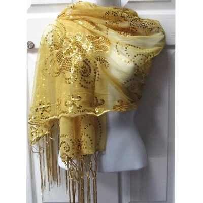 Gold Sequin Shawl Wrap Sparkle Scarf Wedding Bridal Prom Dressy Formal Prom - Image 1 of 4