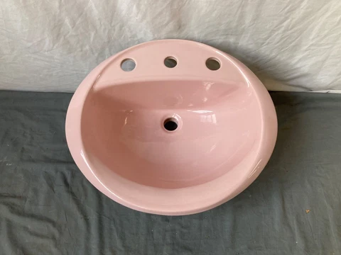 Vtg Shell Pink 17x19 Oval Self Rimming Drop In Bath Sink NOS Crane Old 167-23E Cover