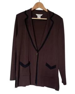 Exklusive Misook Gr. L braune Einknopf Strickjacke schwarzer Besatz Chevron Taschen - Bild 1 von 3