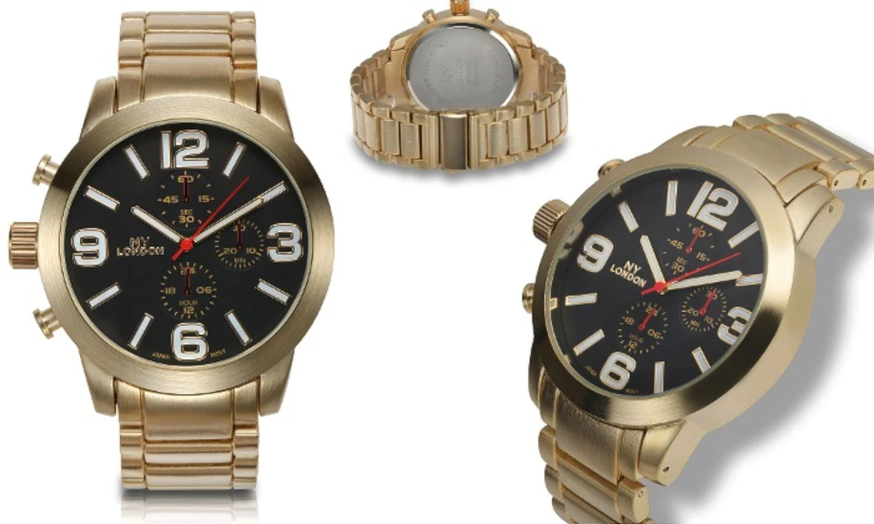 NUEVO NY London 9345 Para hombres Serie Landeron Cara Grande Metal Dorado Bonito Reloj Varonil Foto 1 de 1