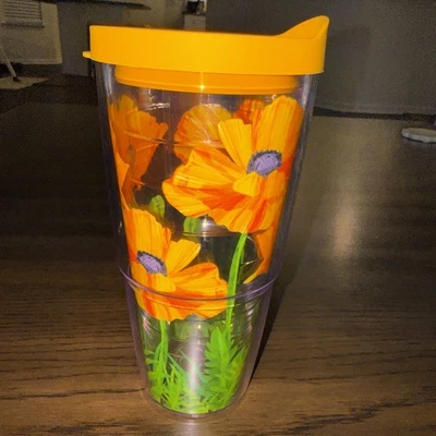 Стакан Tervis 24 унции дорожная кружка чашка калифорнийские маки желтые цветы оранжевая крышка - Изображение 1 из 4