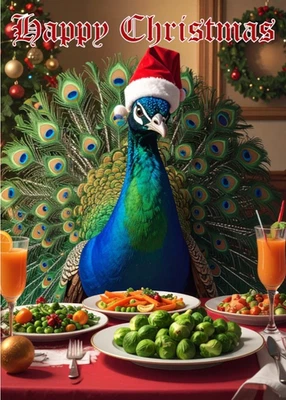 HANDMADE PEACOCK CHRISTMAS CARD WITH A BEAUTIFUL PEACOCK IN A XMAS HAT WITH XMAS DINNER