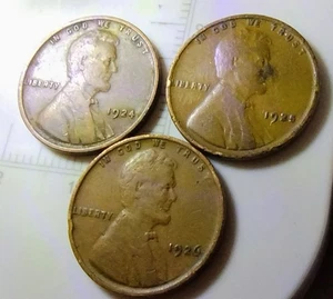 1924 P 1925 P 1926P LINCOLN WHEAT PENNIES CIRCULATED. NO MINT MARK ON THEM "C3P" - Picture 1 of 2